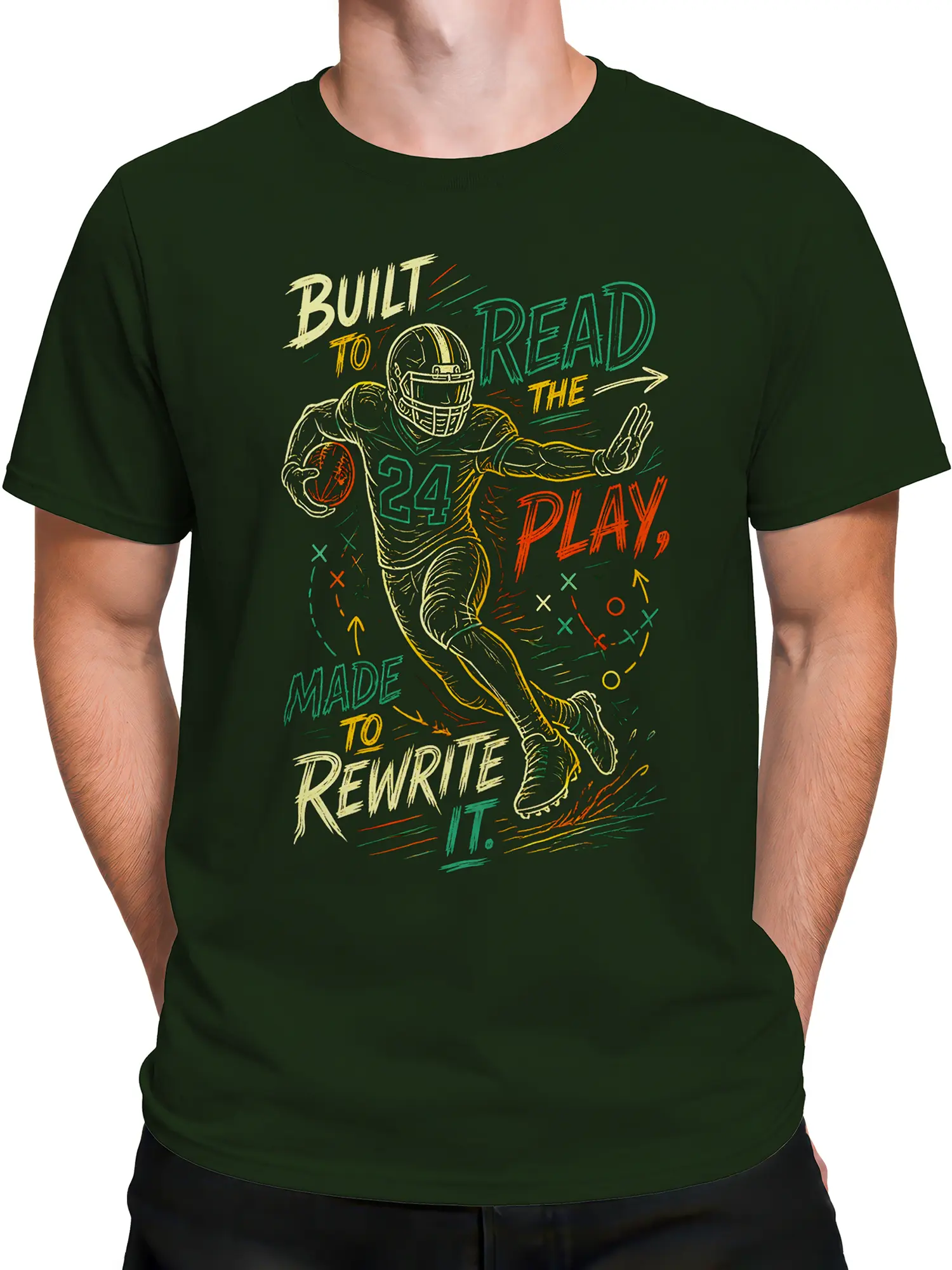 Male torso wearing a green football t-shirt with helmeted player number 24 and colorful playbook artwork