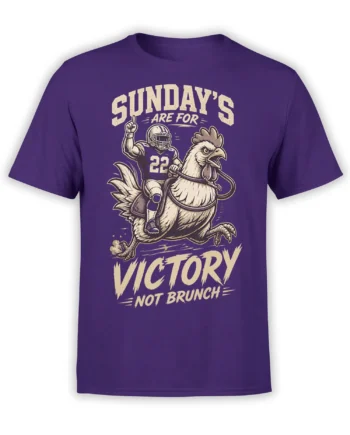 Purple football T-shirt with a fierce rooster carrying a helmeted player and “Victory Not Brunch” text