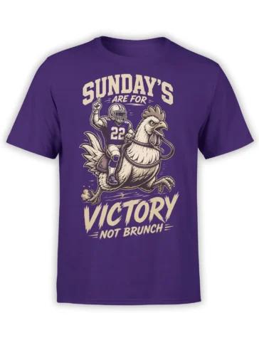 Purple football T-shirt with a fierce rooster carrying a helmeted player and “Victory Not Brunch” text