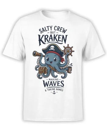 White kraken T-shirt with pirate hat, treasure chest, ship wheel, telescope, and nautical lettering