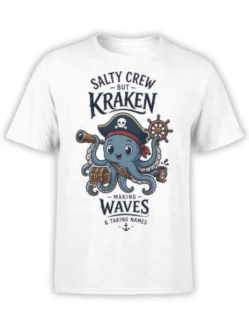 White kraken T-shirt with pirate hat, treasure chest, ship wheel, telescope, and nautical lettering