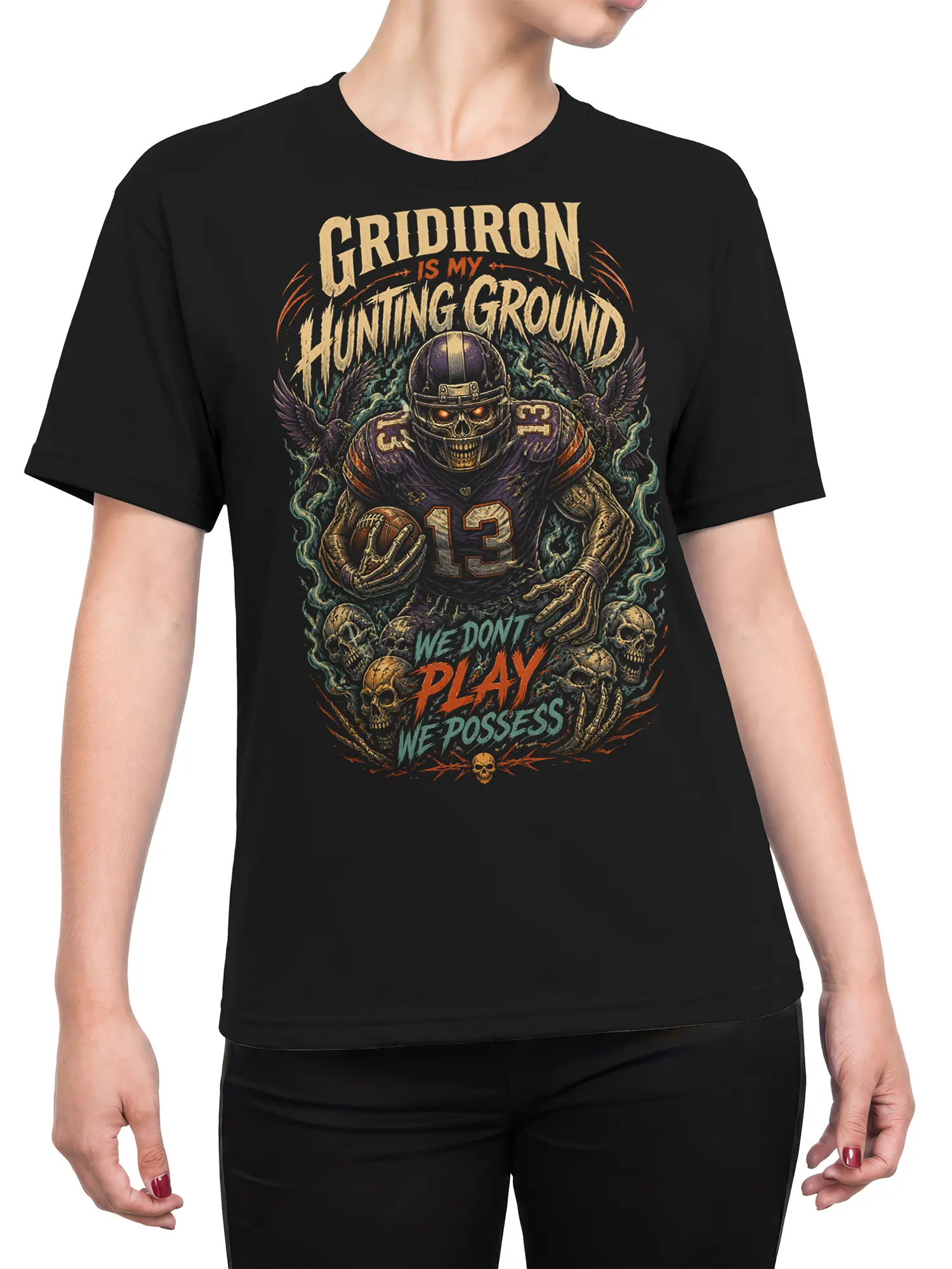Female torso wearing a black skeleton football shirt with ravens, skulls, and bold vintage artwork