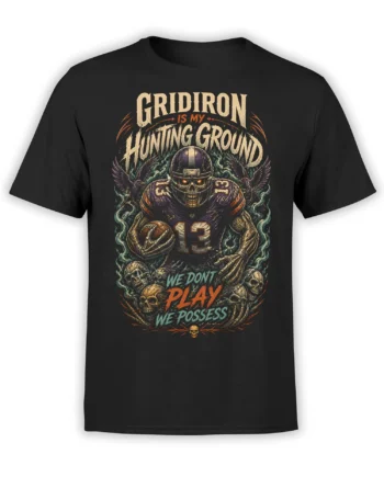 Skeleton football player holding a ball on a black shirt with ravens, skulls, and vintage gridiron lettering