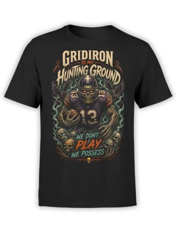 Skeleton football player holding a ball on a black shirt with ravens, skulls, and vintage gridiron lettering