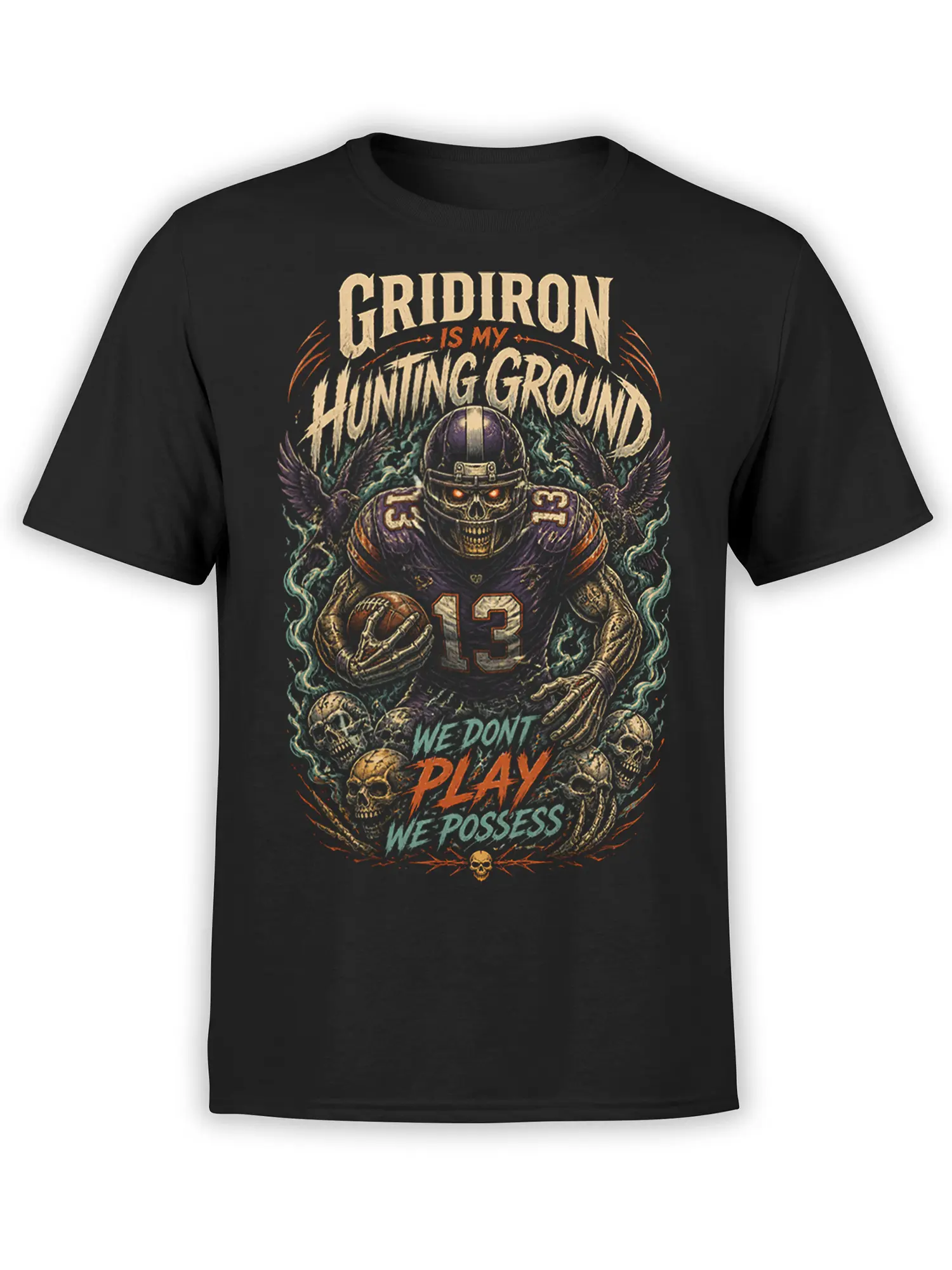 Skeleton football player holding a ball on a black shirt with ravens, skulls, and vintage gridiron lettering