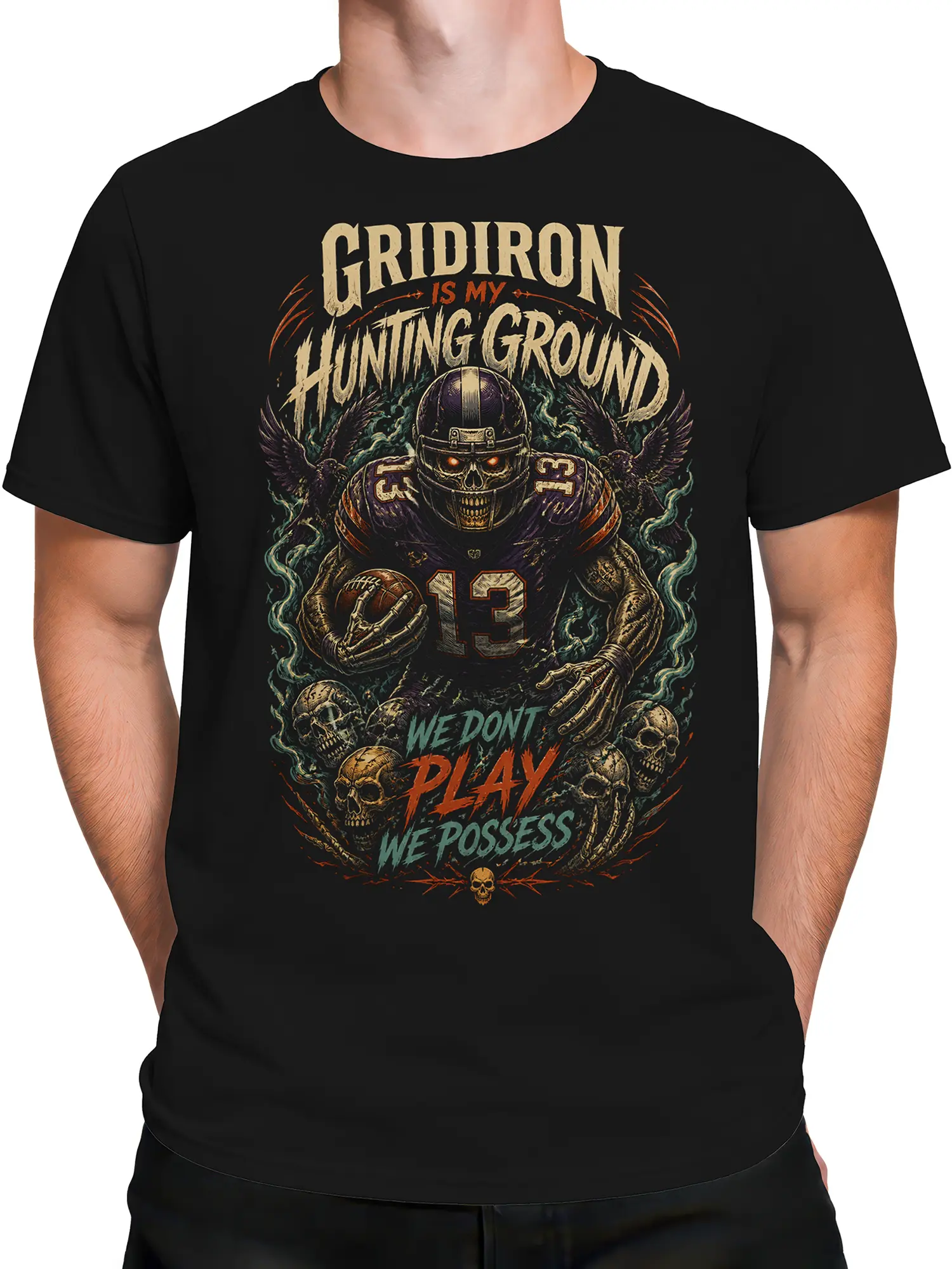 Male torso wearing a black skeleton football shirt with ravens, skulls, and distressed lettering