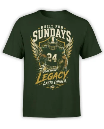Dark green T-shirt with winged football player, number 24, and “Built for Sundays” vintage lettering