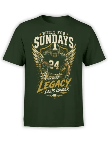 Dark green T-shirt with winged football player, number 24, and “Built for Sundays” vintage lettering