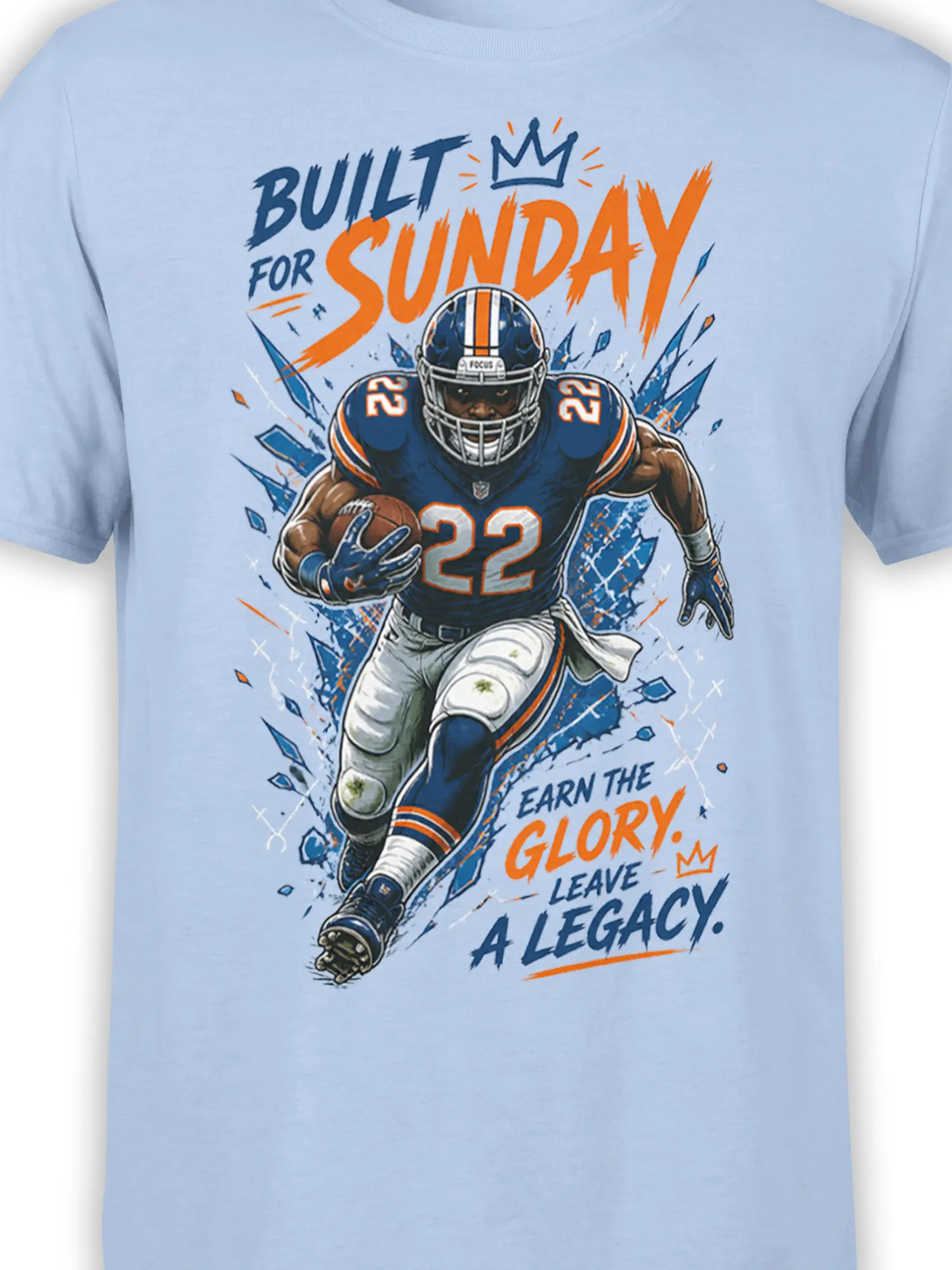 Close-up of number 22 football player graphic and Sunday legacy lettering on a light blue shirt
