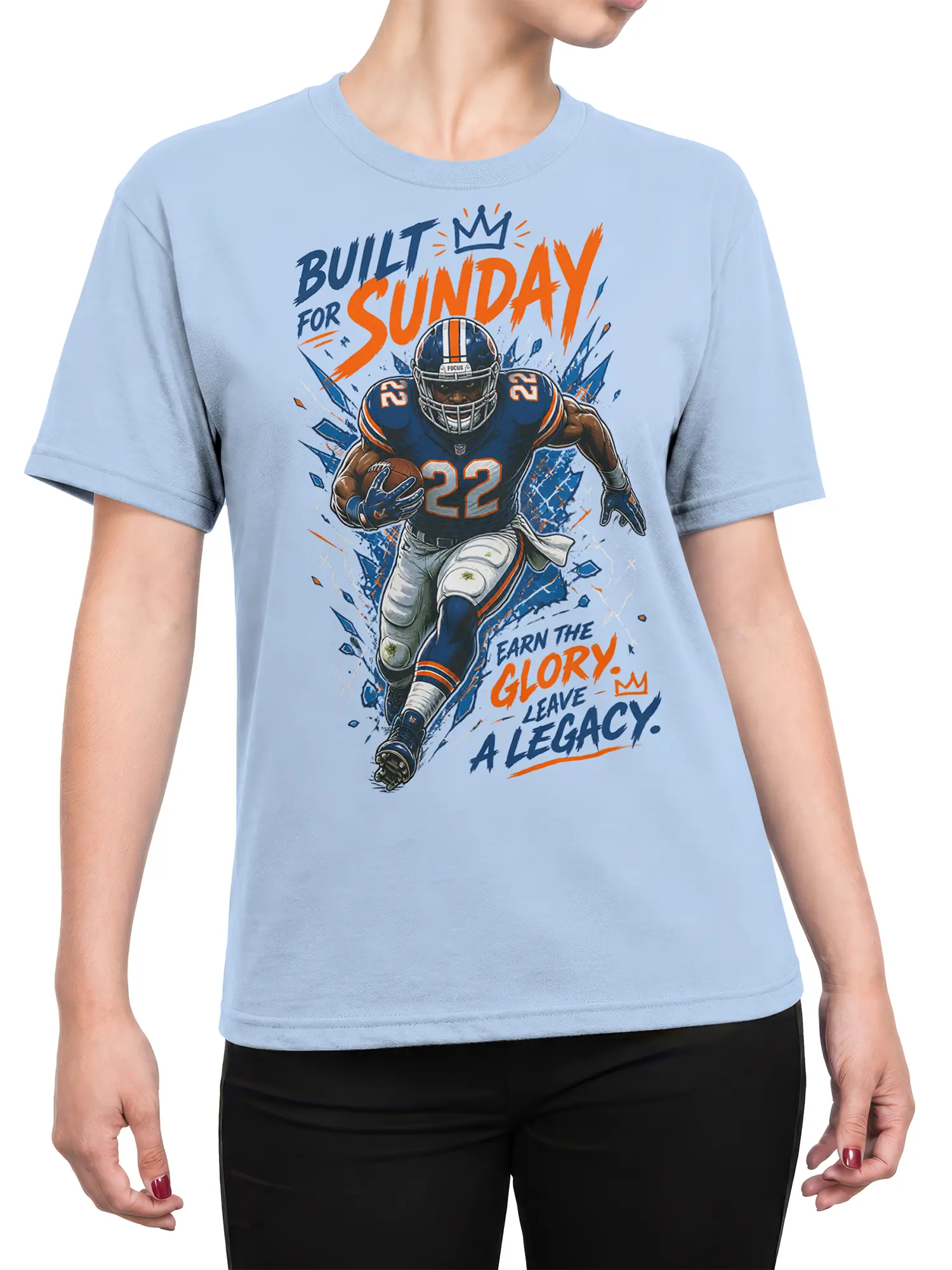 Female torso wearing a light blue American football T-shirt with a number 22 player graphic