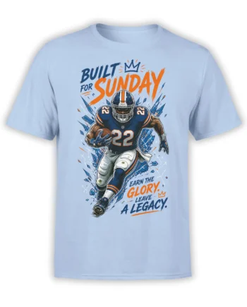 American football player number 22 charging with the ball on a light blue Sunday legacy T-shirt