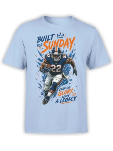 American football player number 22 charging with the ball on a light blue Sunday legacy T-shirt