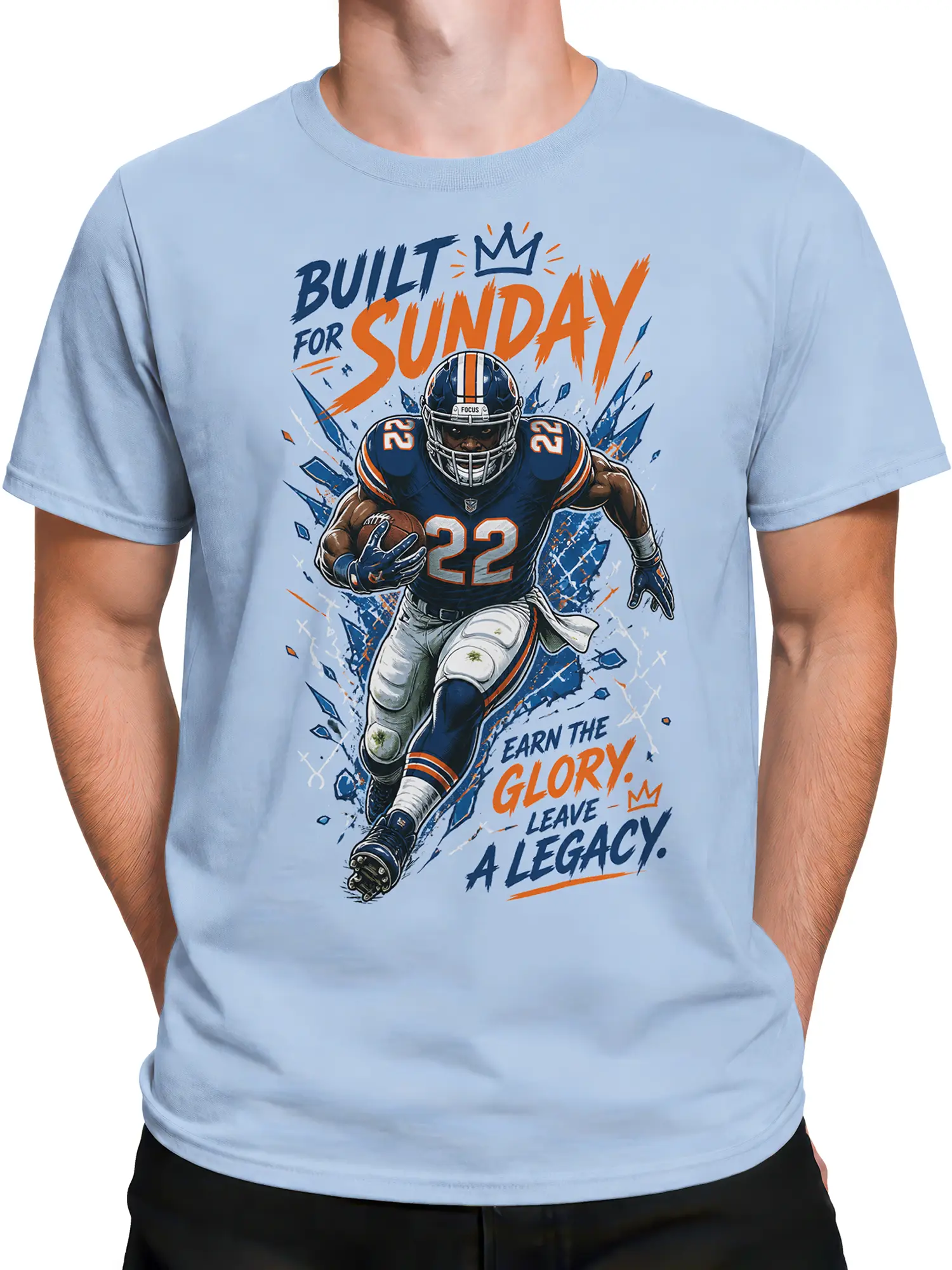 Male torso wearing a light blue football T-shirt with a charging number 22 player