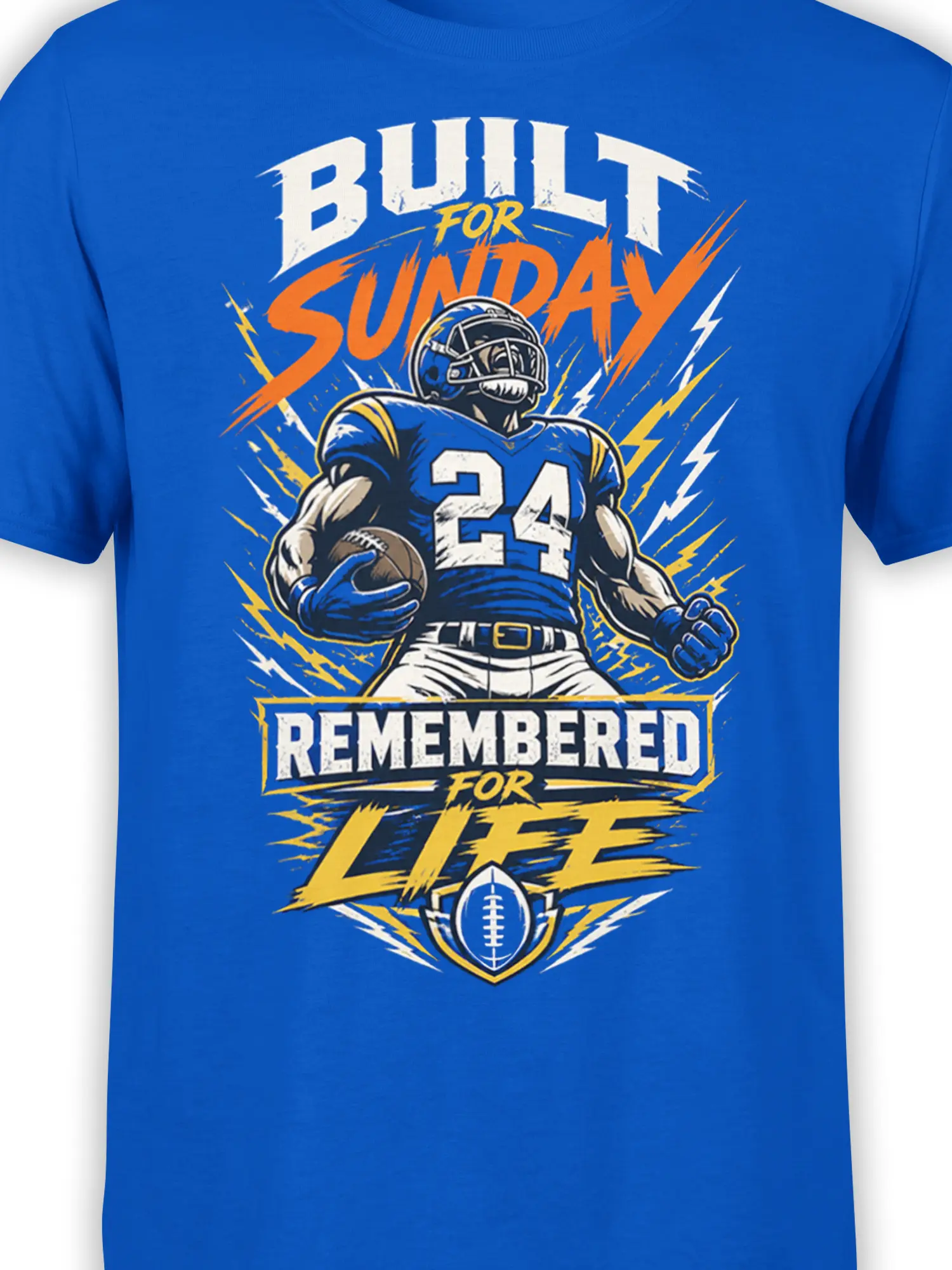 Close-up of blue football shirt print showing number 24 player, football, lightning bolts, and vintage lettering