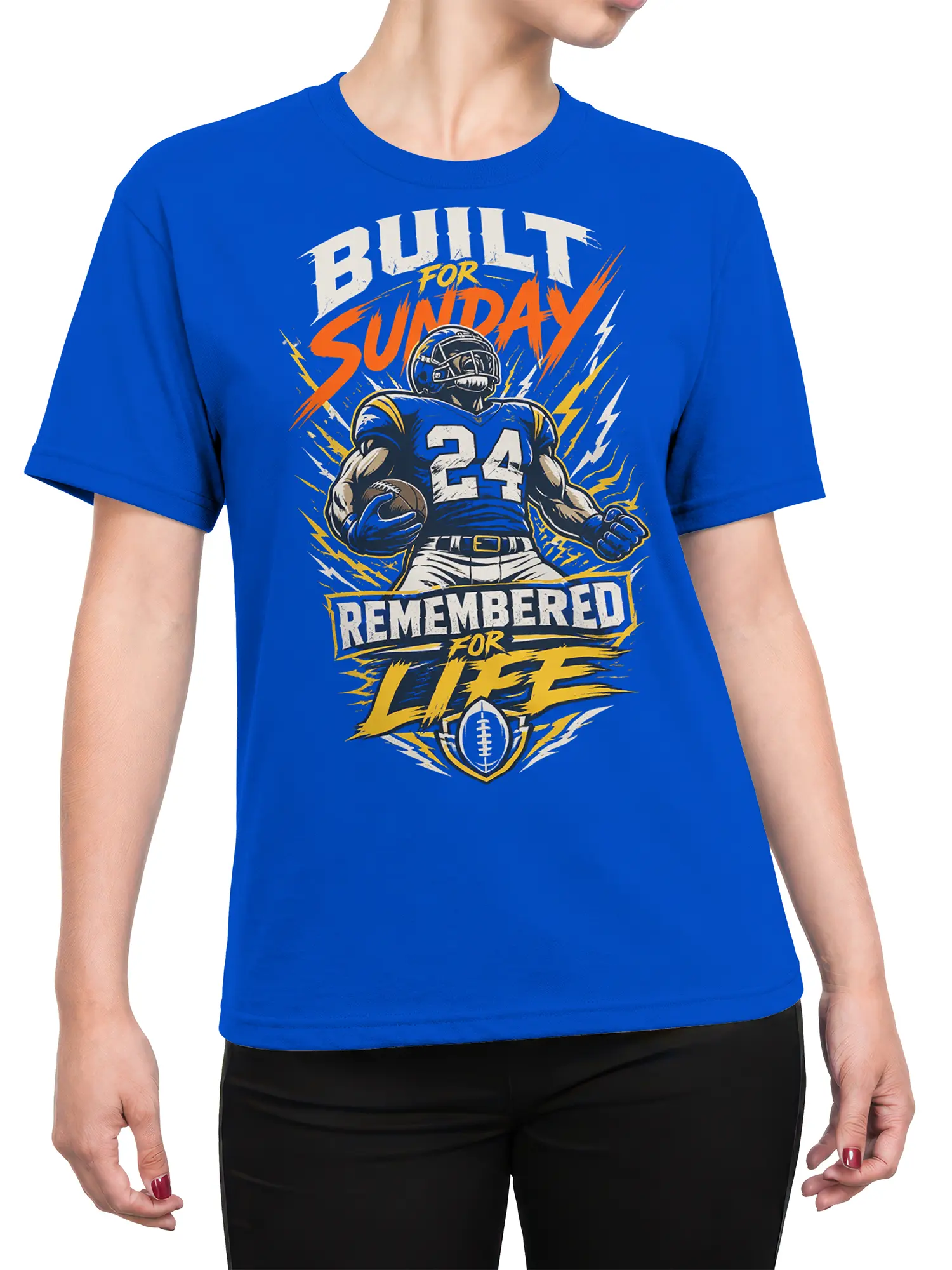 Female torso wearing a blue football T-shirt with number 24 player artwork and Sunday legacy lettering