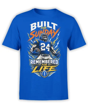 Blue football T-shirt with helmeted player number 24, lightning bolts, and “Built for Sunday” lettering