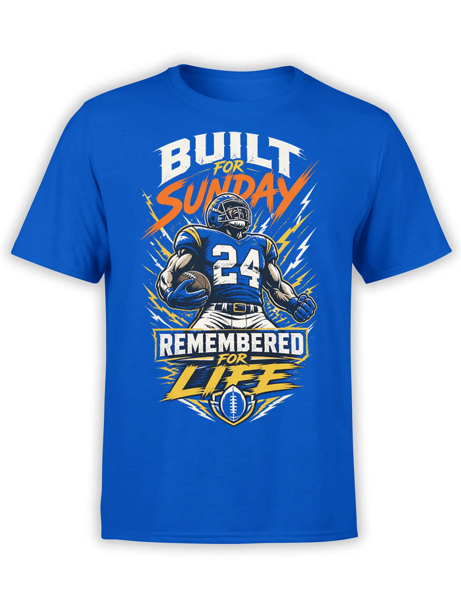 Blue football T-shirt with helmeted player number 24, lightning bolts, and “Built for Sunday” lettering