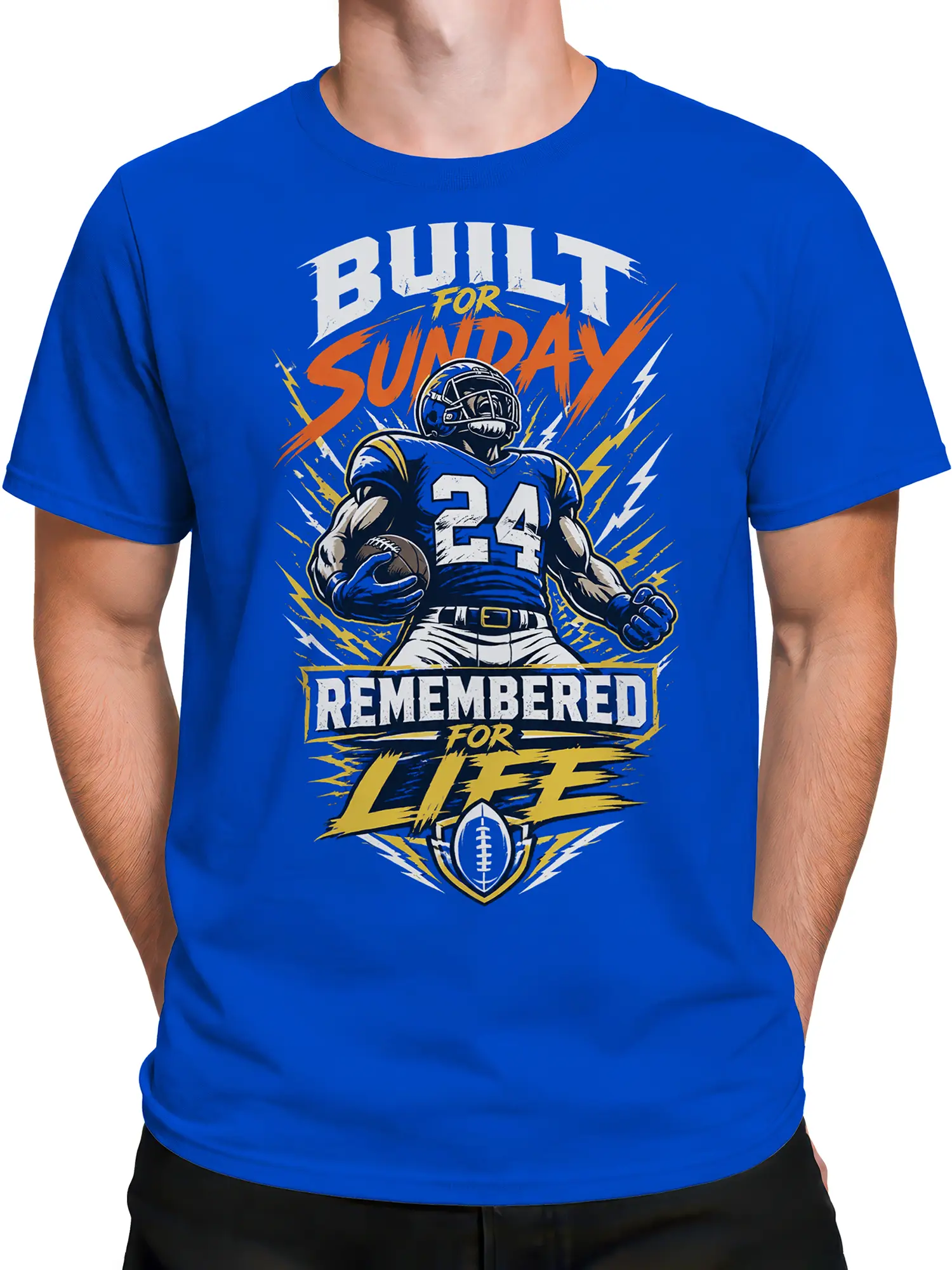 Male torso wearing a blue football T-shirt with helmeted number 24 player and lightning design