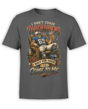 Dark gray football T-shirt with lounging player, pizza slice, armchair, and vintage game day lettering