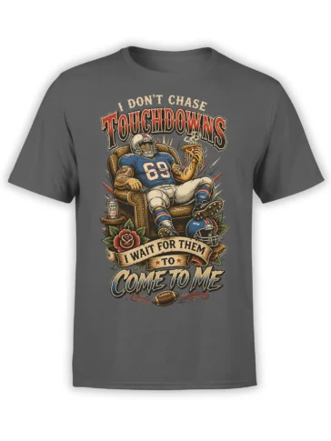 Dark gray football T-shirt with lounging player, pizza slice, armchair, and vintage game day lettering