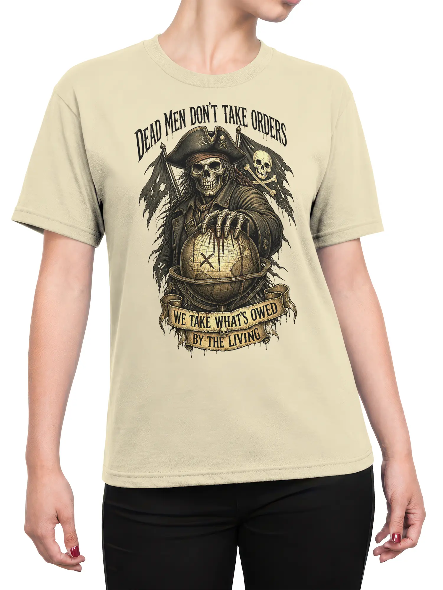 Female torso wearing a cream T-shirt with a vintage skeleton pirate and globe graphic