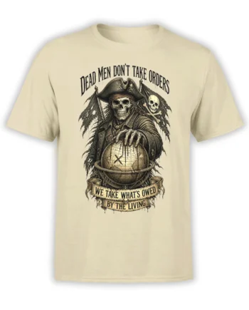 Skeleton pirate holding a globe with skulls and warning text on a cream pirate T-shirt