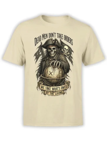 Skeleton pirate holding a globe with skulls and warning text on a cream pirate T-shirt