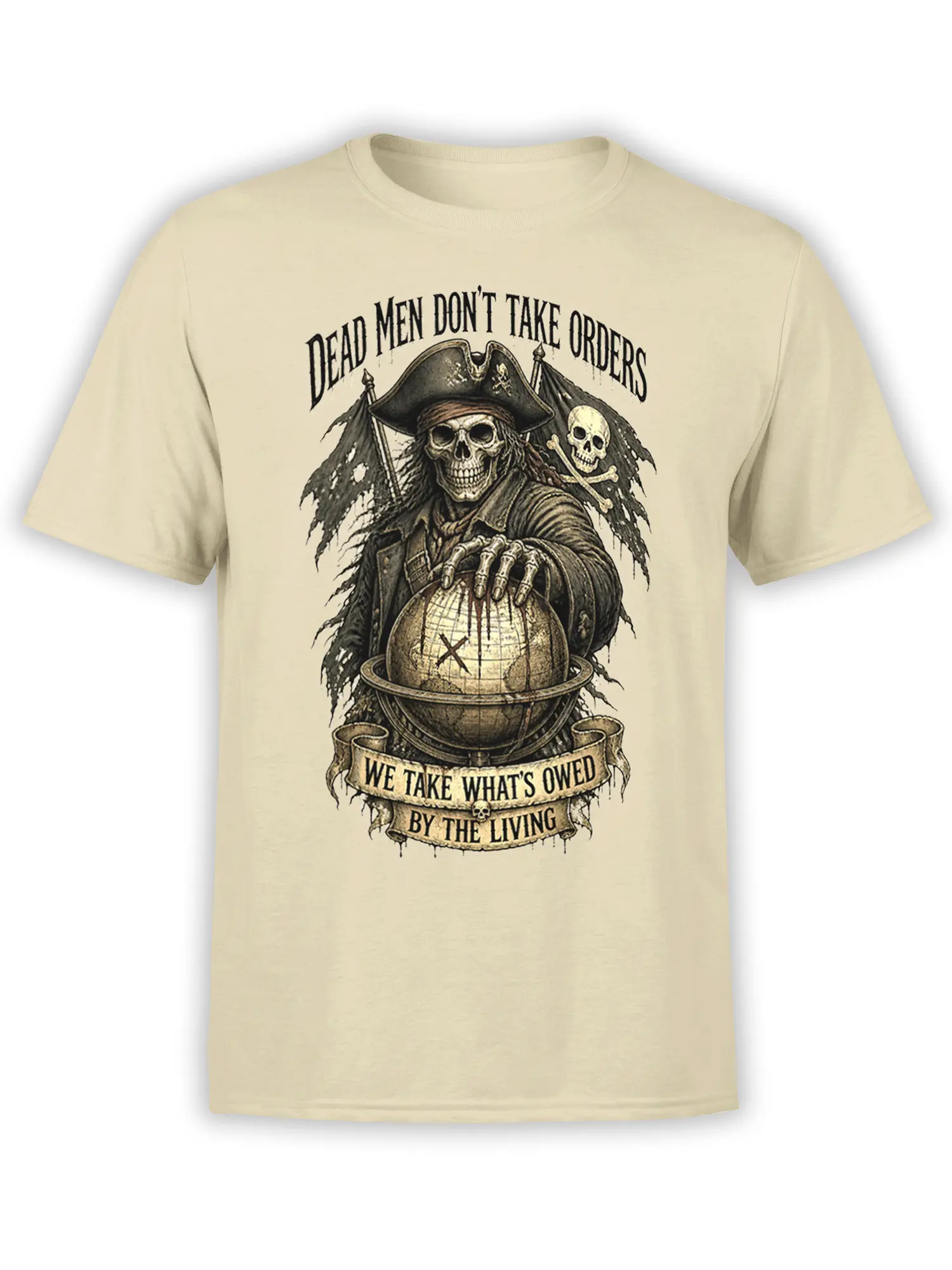 Skeleton pirate holding a globe with skulls and warning text on a cream pirate T-shirt