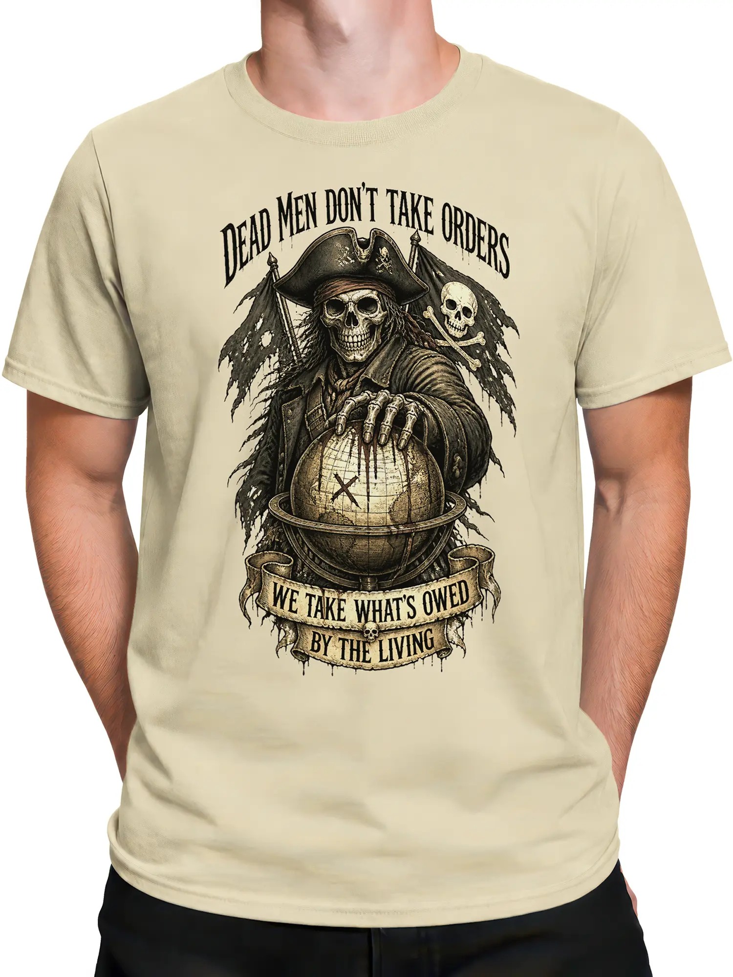 Male torso wearing a cream T-shirt with a menacing skeleton pirate globe design