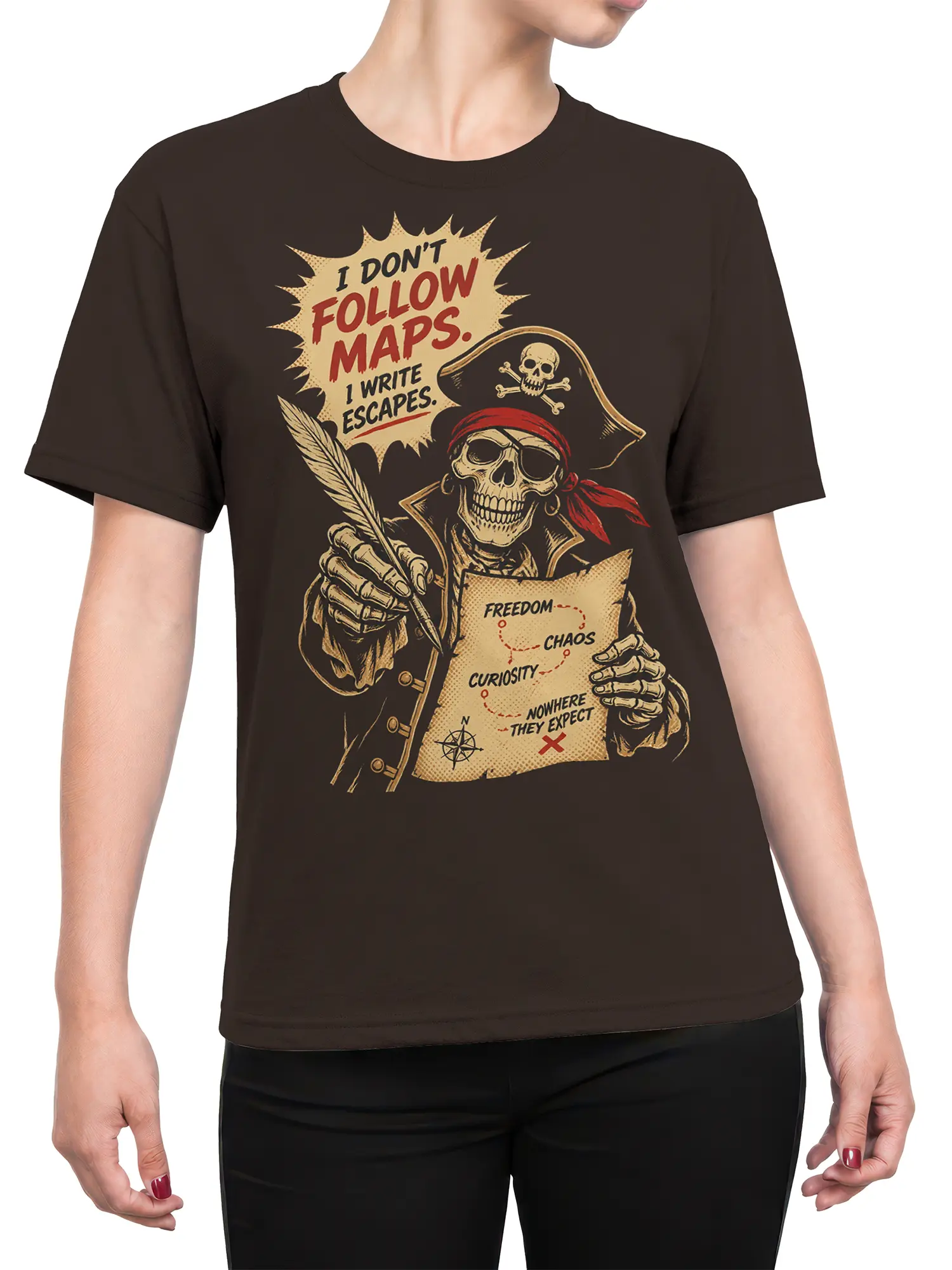 Female torso wearing a brown pirate T-shirt with skeleton artwork, map details, compass, and vintage escape lettering