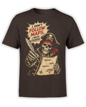 Vintage pirate skeleton T-shirt in brown with a quill, compass, map, and escape-themed lettering
