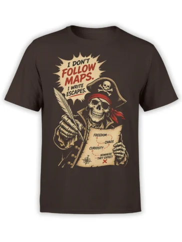Vintage pirate skeleton T-shirt in brown with a quill, compass, map, and escape-themed lettering