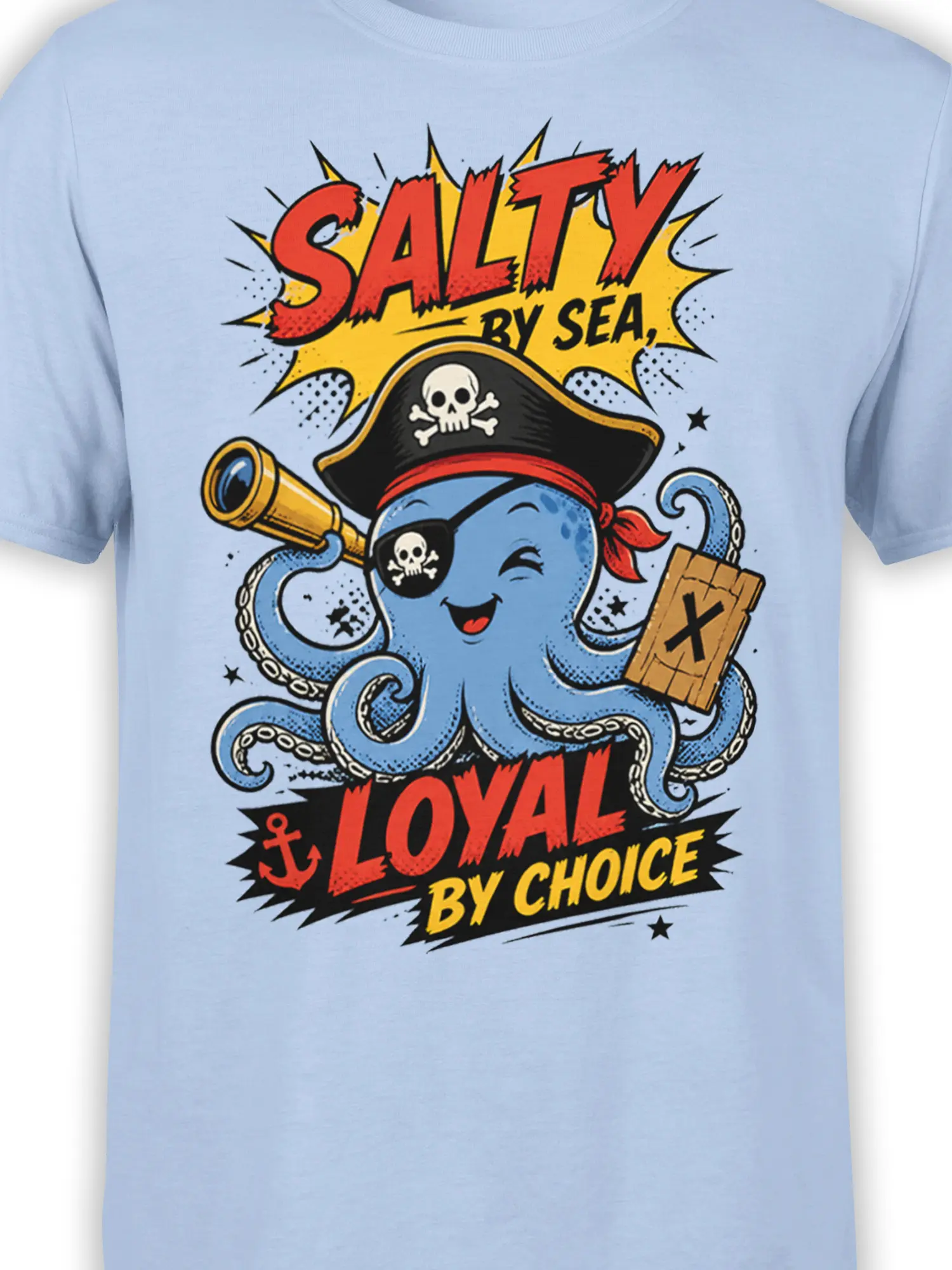 Close-up of a blue pirate octopus graphic with skull hat, eyepatch, telescope, treasure map, and nautical text