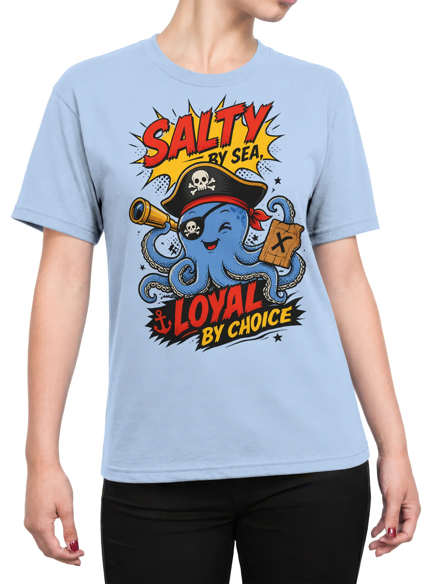 Female torso wearing a light blue pirate octopus T-shirt with colorful retro nautical artwork and loyal-by-choice lettering