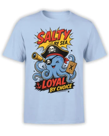 Light blue T-shirt with a cheerful pirate octopus, eyepatch, telescope, treasure map, and bold nautical lettering