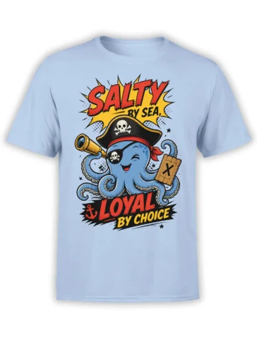 Light blue T-shirt with a cheerful pirate octopus, eyepatch, telescope, treasure map, and bold nautical lettering