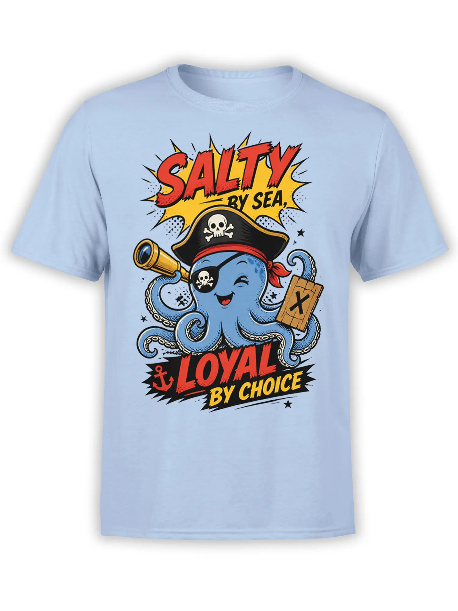 Light blue T-shirt with a cheerful pirate octopus, eyepatch, telescope, treasure map, and bold nautical lettering