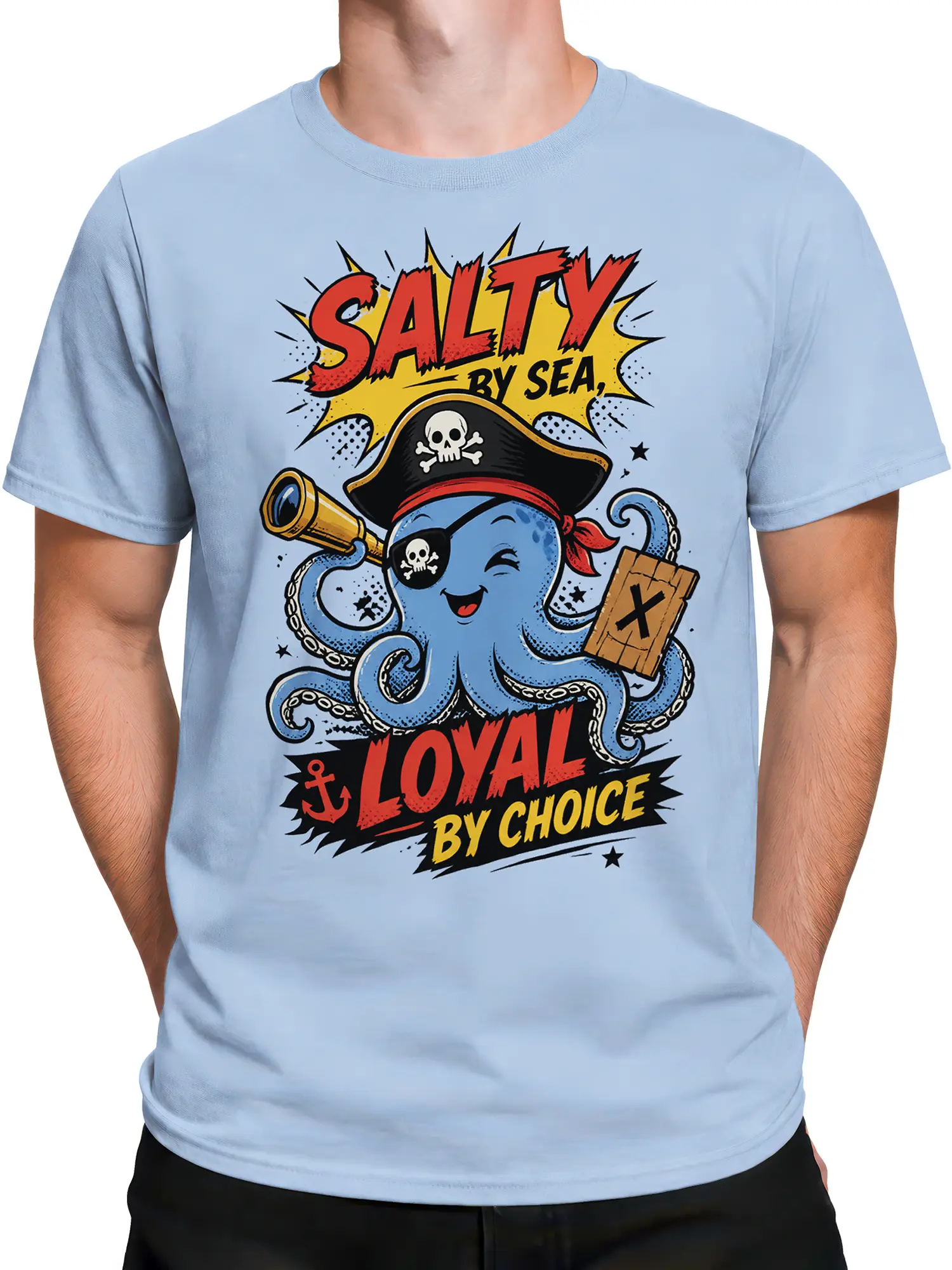 Male torso wearing a light blue pirate octopus T-shirt with a cheerful sea captain and bold nautical design