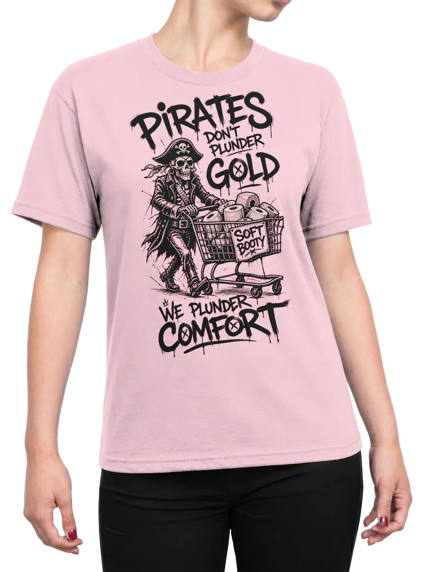 Female torso wearing a pink skeleton pirate T-shirt with toilet paper cart artwork and comfort-themed lettering