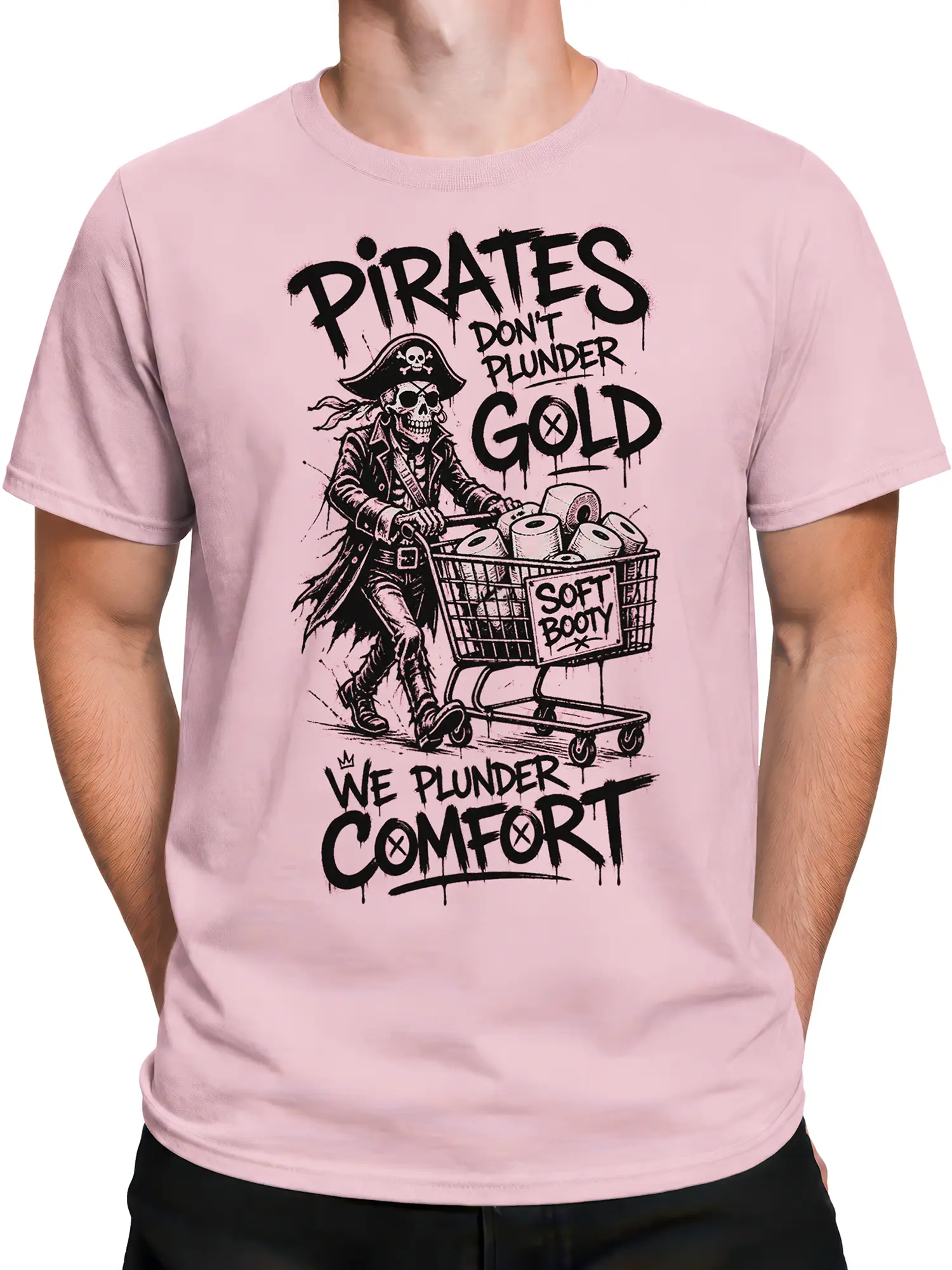 Male torso wearing a pink pirate graphic T-shirt with skeleton artwork and toilet paper comfort humor