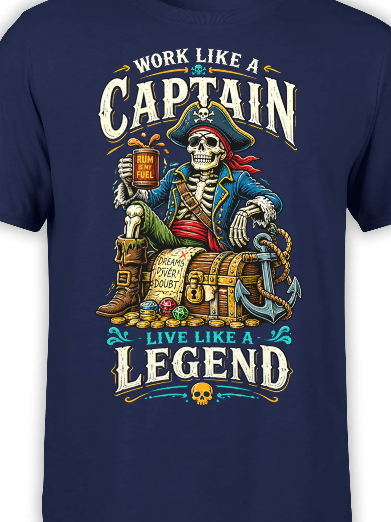 Close-up of skeleton pirate captain artwork with rum mug and treasure chest on navy fabric