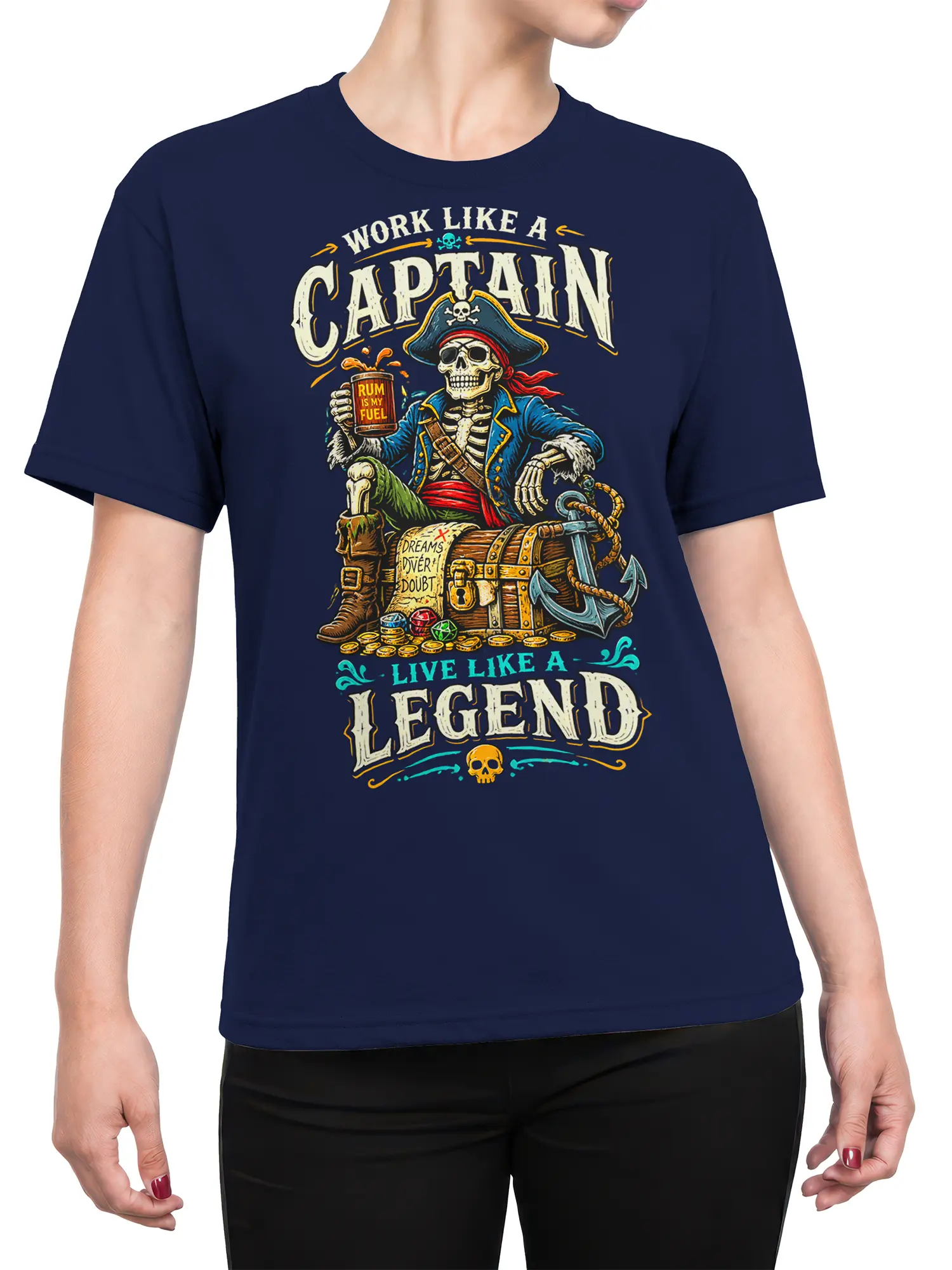Female torso wearing a navy T-shirt with skeleton pirate captain, rum, treasure, and anchor artwork