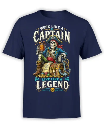 Skeleton pirate captain holding a rum mug beside treasure and an anchor on a navy T-shirt