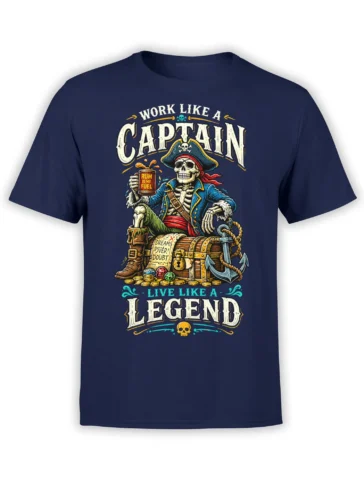 Skeleton pirate captain holding a rum mug beside treasure and an anchor on a navy T-shirt