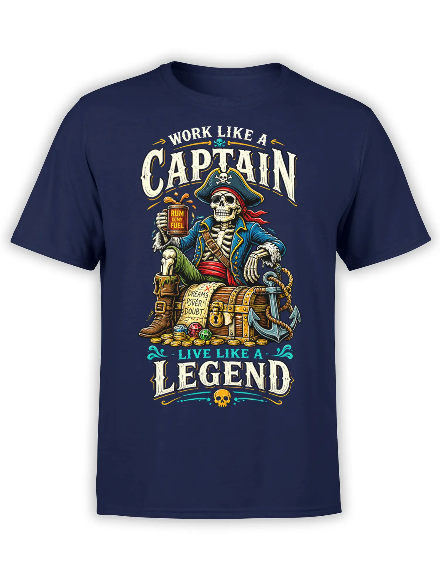 Skeleton pirate captain holding a rum mug beside treasure and an anchor on a navy T-shirt