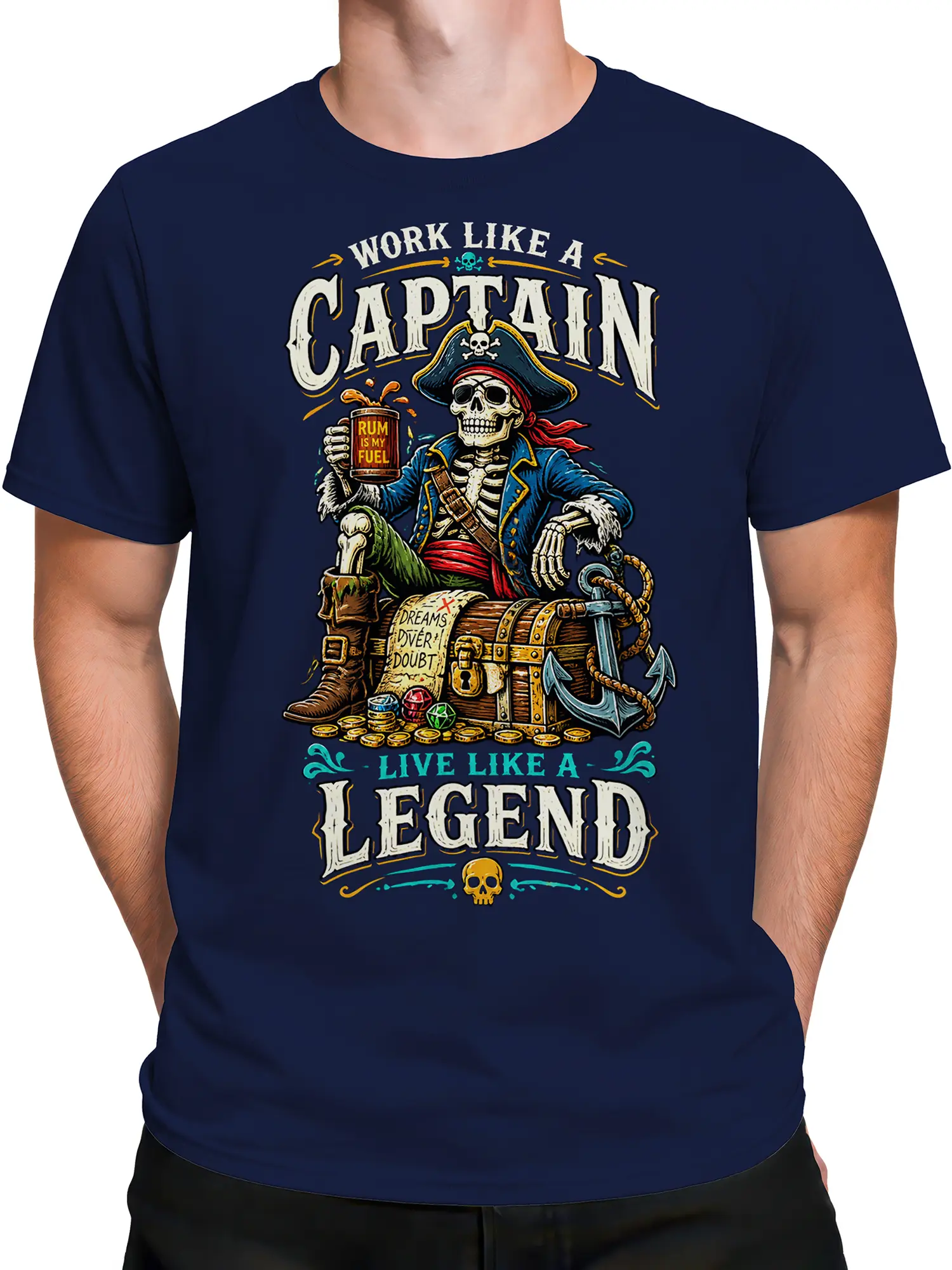 Male torso wearing a navy T-shirt with skeleton pirate captain and vintage nautical artwork