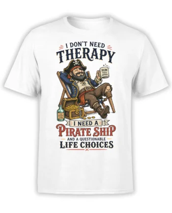 White T-shirt with a relaxed bearded pirate, treasure chest, rum mug, and humorous questionable choices slogan