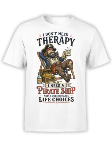 White T-shirt with a relaxed bearded pirate, treasure chest, rum mug, and humorous questionable choices slogan