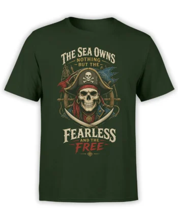 Green T-shirt with a skeleton pirate captain, ship wheel, crossed swords, and Fearless and Free lettering