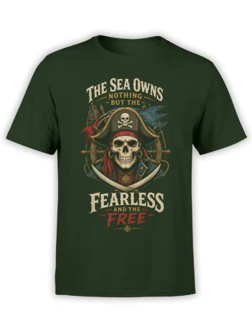 Green T-shirt with a skeleton pirate captain, ship wheel, crossed swords, and Fearless and Free lettering